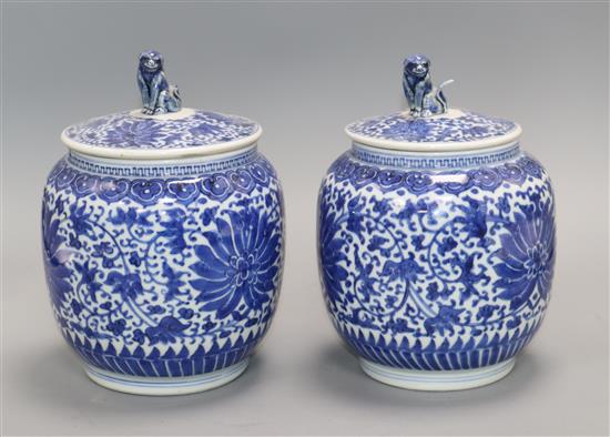 A pair of Chinese blue and white jars and covers, 19th century height 20cm